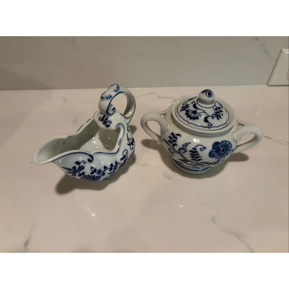 Vintage Onion pattern blue and white Gravy Boat and Sugar Bowl